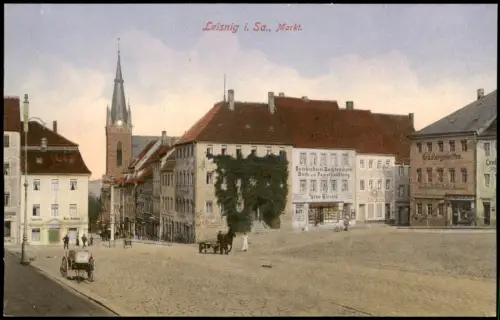 Ansichtskarte Leisnig Marktplatz Geschäfte 1914