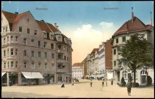 Ansichtskarte Bautzen Budyšin Kaiserstraße. Geschäfte 1915