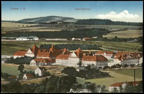 Ansichtskarte Löbau Jäger-Kaserne. Stadtblick 1914