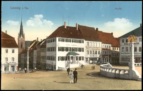 Ansichtskarte Leisnig Marktplatz Geschäfte 1915