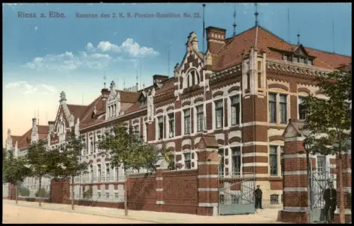 Ansichtskarte Riesa Kaserne des 2. K. S. Pionier-Bataillon Eingang 1915