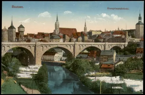 Ansichtskarte Bautzen Budyšin Kronprinzenbrücke und Stadt 1916
