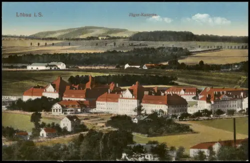 Ansichtskarte Löbau Jäger-Kaserne. Stadtblick 1914
