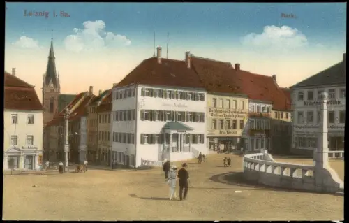 Ansichtskarte Leisnig Marktplatz Geschäfte 1915