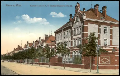 Riesa Strassen Ansicht Kaserne des 2 K. S. Pionier-Bataillon No. 22. 1916