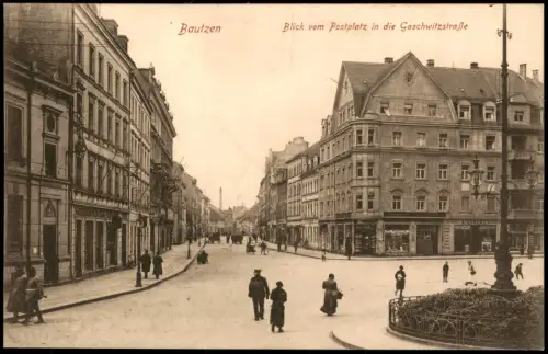 Ansichtskarte Bautzen Budyšin vom Postplatz in die Gaschwitzstraße 1915
