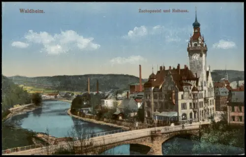 Ansichtskarte Waldheim (Sachsen) Zschopautal und Rathaus. 1914