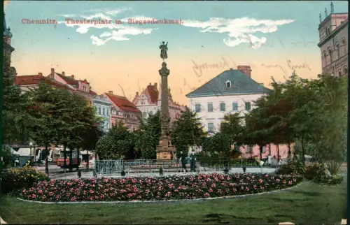 Ansichtskarte Chemnitz Theaterplatz - Siegesdenkmal 1912