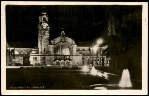 Ansichtskarte Wiesbaden Hauptbahnhof beleuchtet bei Nacht 1942