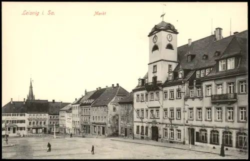 Ansichtskarte Leisnig Marktplatz Geschäfte Ratskeller 1915
