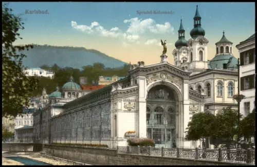 Postcard Karlsbad Karlovy Vary Sprudelkolonnade und Berg 1915