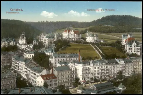 Postcard Karlsbad Karlovy Vary Parkstrasse.Gartenzeile mit Westend. 1915