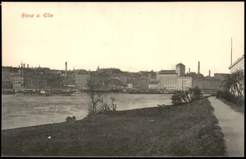 Ansichtskarte Riesa Elbpartie Häuserzeile Fabrik 1915