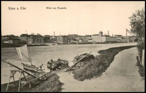 Ansichtskarte Riesa Blick von Promnitz - Boote am Elbufer 1915