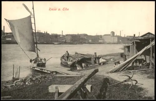 Ansichtskarte Riesa Stadt Elbufer Hütte und Boote 1915