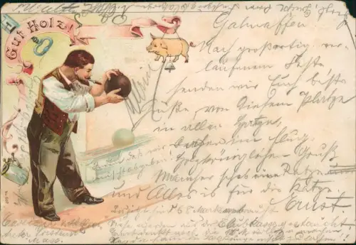 Ansichtskarte Litho AK Kegeln, Kegel Mann Gut Holz Glücksschwein 1903