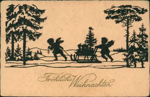 Ansichtskarte  Weihnachten Christmas Schattenschnitt Engel Schlitten 1919