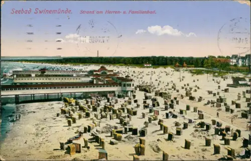 Postcard Swinemünde Świnoujście Strand am Herren- u. Familienbad. 1914