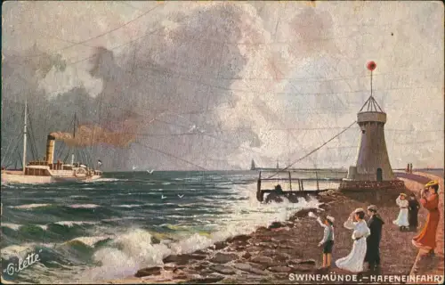 Swinemünde Świnoujście Hafeneinfahrt Dampfer Künstlerkarte Pommern 1912