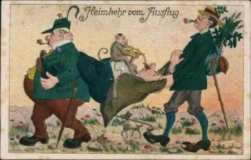 Ansichtskarte  Scherzkarte Betrunkener wird geschleppt Affe - Heimkehr 1919