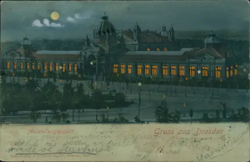 Großer Garten-Dresden Ausstellungspalast Mondschein Leuchtfenster 1900