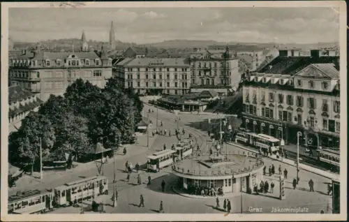 Ansichtskarte Graz Jakominiplatz Straßenbahn Haltestellen 1944