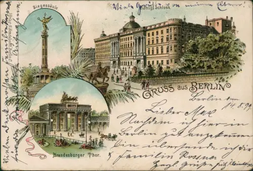 Ansichtskarte Litho AK Berlin Brandenburger Tor Siegessäule Schloß 1899