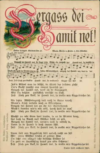 Liedkarte  Vergass dei hamit net! 1918 Erzgebirge, Anton Günther Gottesgab: