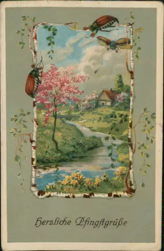 Ansichtskarte  Pfingsten Pentecost Maikäfer Dorfidyll Birkenrahmen 1912