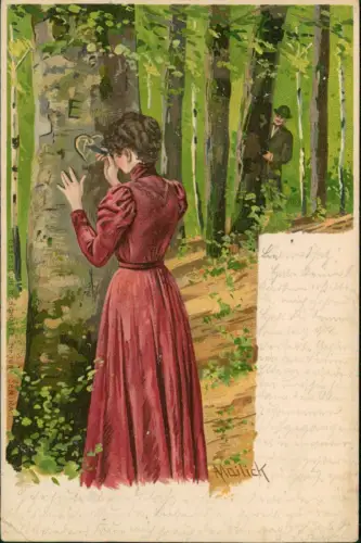 Liebe Liebespaare Love Künstlerkarte Mailick Frau ritzt Herz  Baum 1902 Mailick