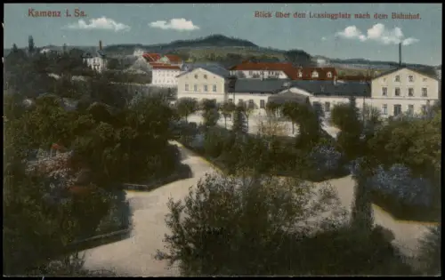 Ansichtskarte Kamenz Kamjenc Blick über den Lessingplatz zum Bahnhof 1913