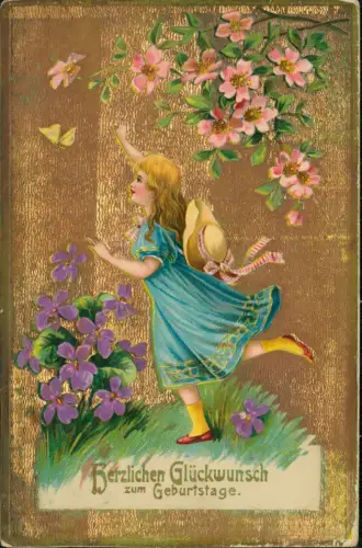 Geburtstag Birthday Mädchen Schmetterlinge GOLD Hintergrund 1910 Goldprägung