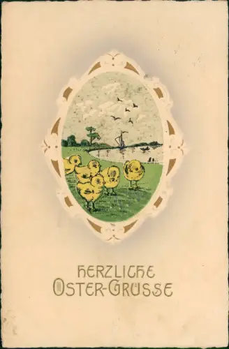 Ansichtskarte  Ostern Easter Kücken Gold-Rahmen 1917 Goldprägung