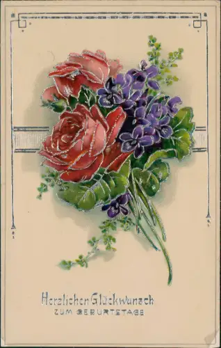 Ansichtskarte  Geburtstag Birthday Veilchen und Rosen 1918 Silberprägung