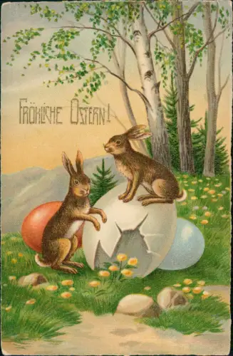 Ansichtskarte  Ostern Easter Osterhasen mit bunten Eiern Künstlerkarte 1918