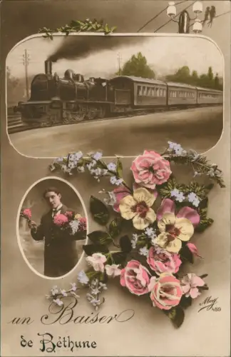 Ansichtskarte  Dampflokomotive Mann 2 Bild France un Baiser de Bethune 1915