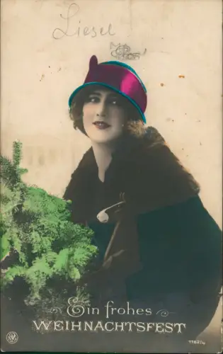 Weihnachten Christmas Fotokunst schöne Frau mit Tannenbaum 1929