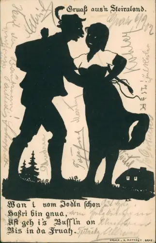 .Österreich Schattenschnitt Steiermark Mann Frau Gruaß aus`n Steiraland. 1902