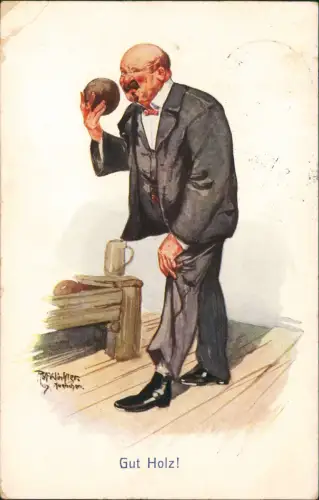 Ansichtskarte  Kegeln, Kegel Scherzkarte Künstlerkarte Mann 1909