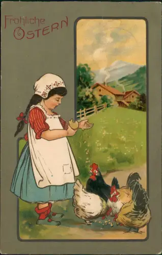 Ostern Easter Mädchen füttert Hahn und Hennen Künstlerkarte 1908 Prägekarte