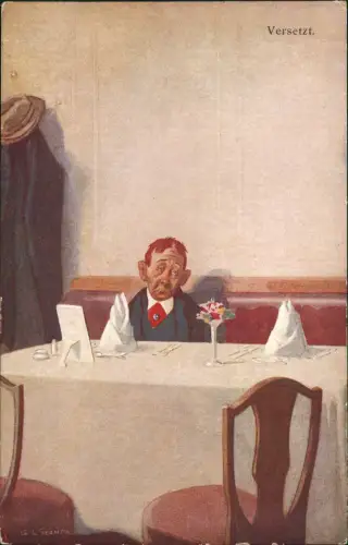 Künstlerkarte - Versetzt. Mann traurig und einsam am Tisch 1917
