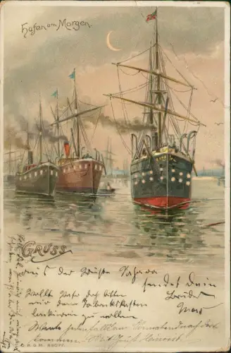 Ansichtskarte  Künstlerkarte Hafen am Morgen Dampfer Steamer Mond 1898