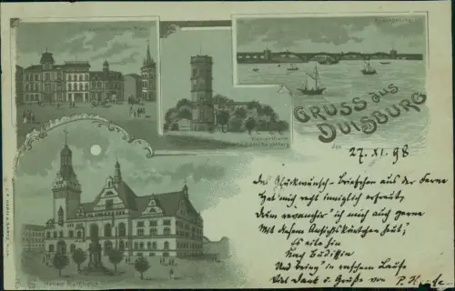 Ansichtskarte Duisburg Litho AK Platz Wasserturm Rathaus bei Mondschein 1898