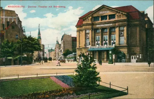 Ansichtskarte Magdeburg Zentral-Theater mit Breiteweg. 1915  gel. Feldpost