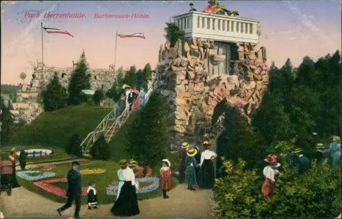 Ansichtskarte Burgstädt Park Herrenhaide. Barbarossa-Höhle. belebt 1916
