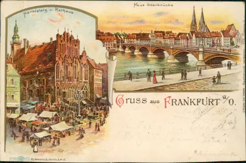 Litho AK Frankfurt (Oder) Gruss aus... Markt, Markttreiben, Oderbrücke 1903