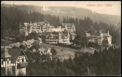 Ansichtskarte Schierke Teilansicht, Blick auf Hotels am Hang 1912