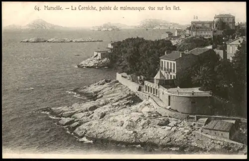 Marseille La Corniche, pointe de malmousque. vue sur les îles. 1915