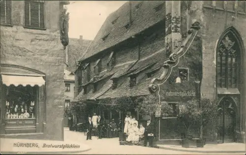 Ansichtskarte Nürnberg Bratwurstglöcklein Angestellte und Geschäft 1910