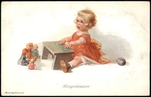 Morning-Concert Morgenkonzert Kinder Künstlerkarte Mädchen Puppen 1928